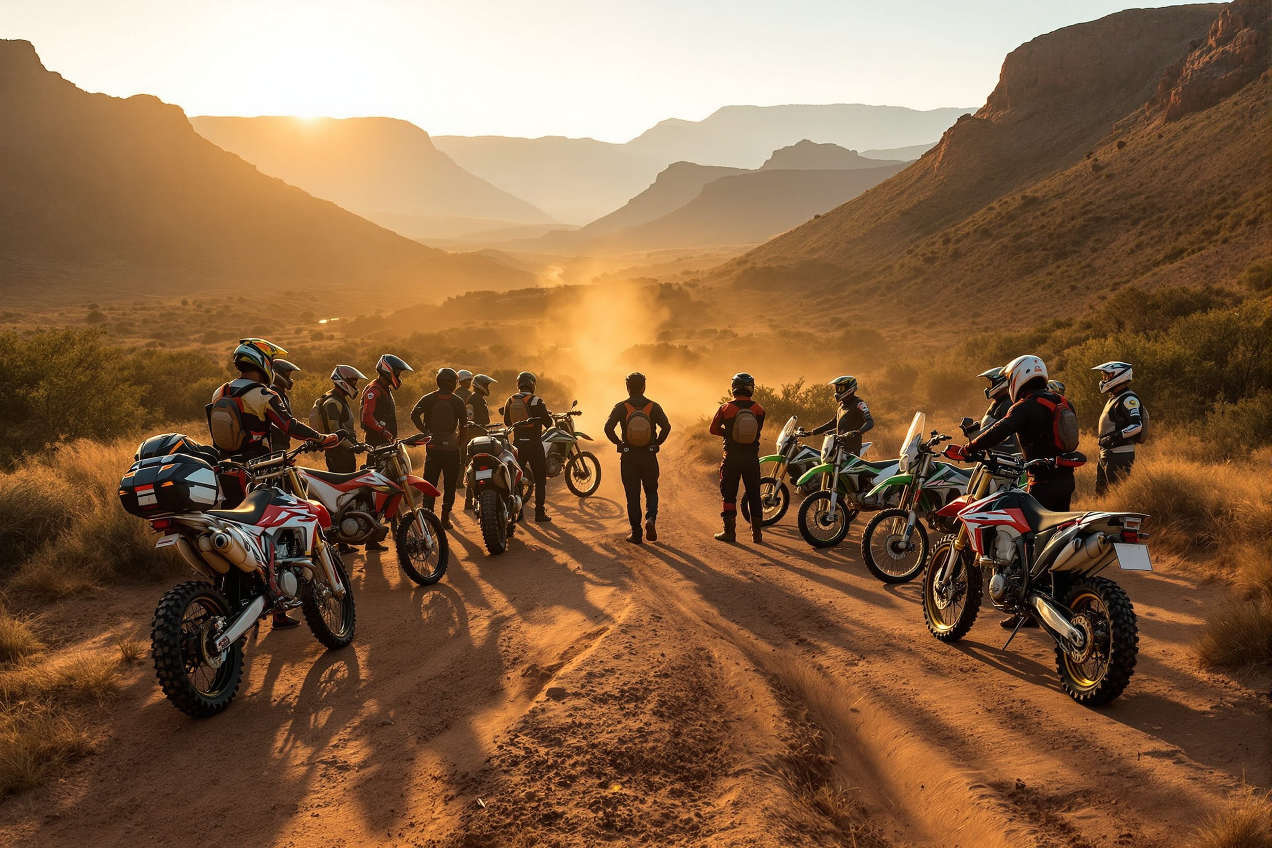 Group of off-road motorcyclists at dawn