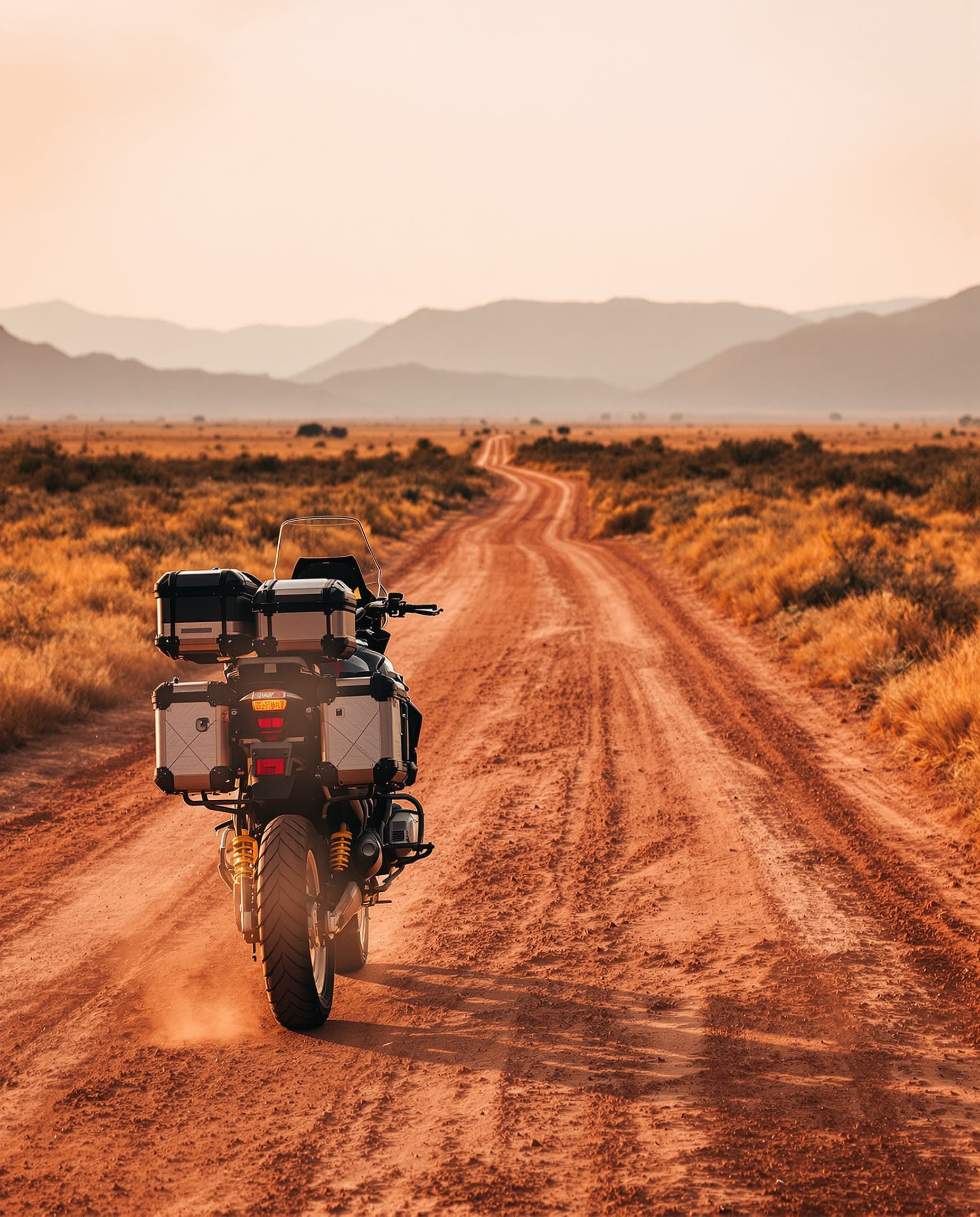 Adventure motorcycle in a remote landscape