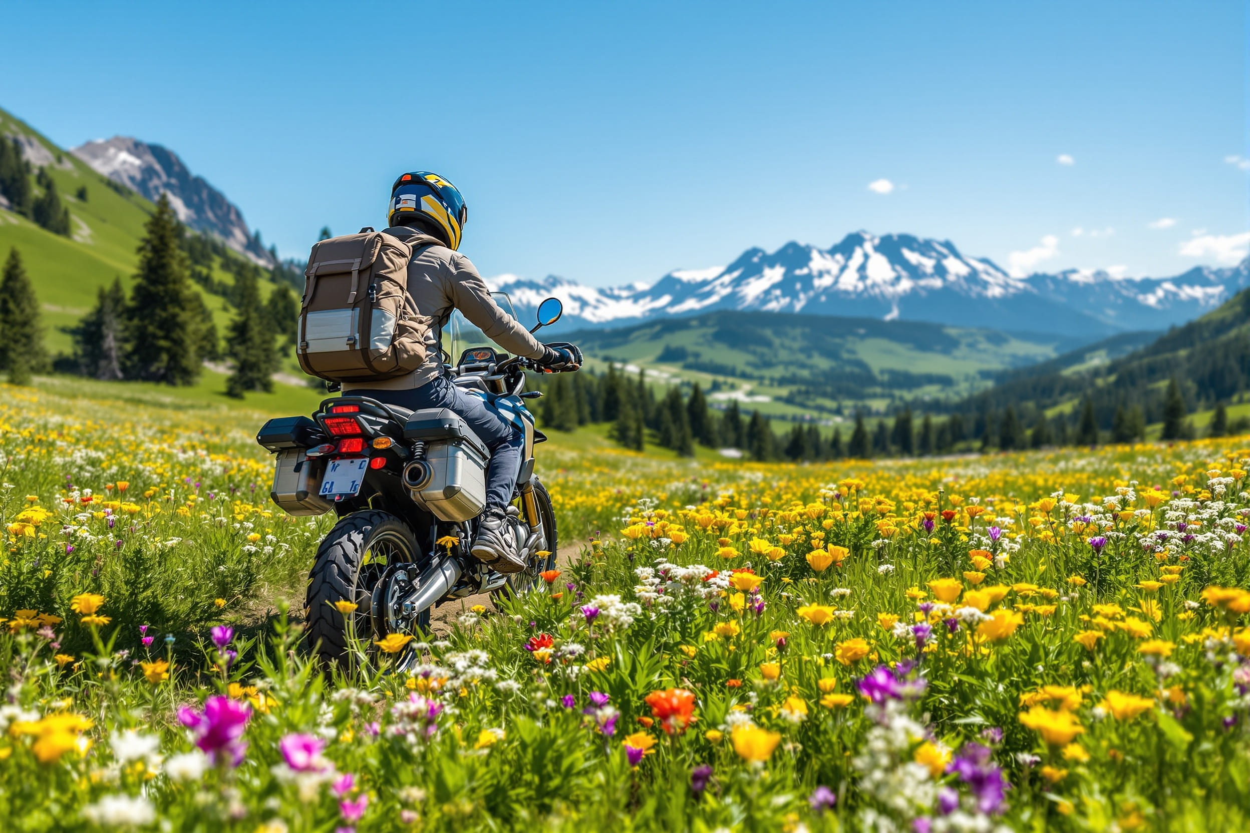 Motorcyclist riding through a meadow
