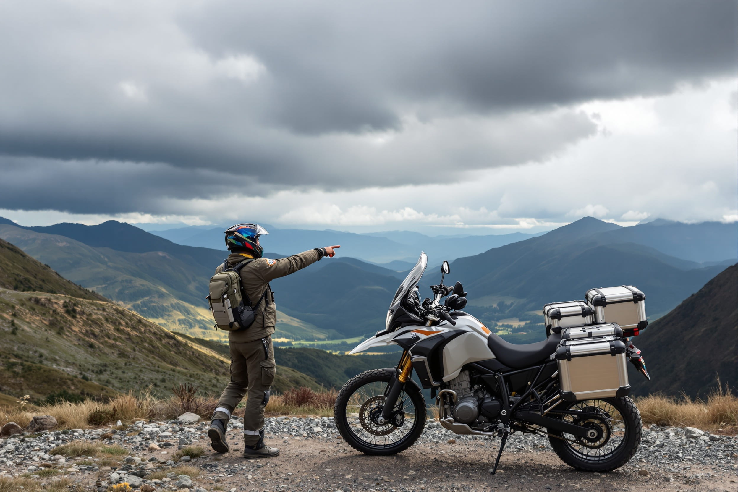 Guide beside an adventure motorcycle