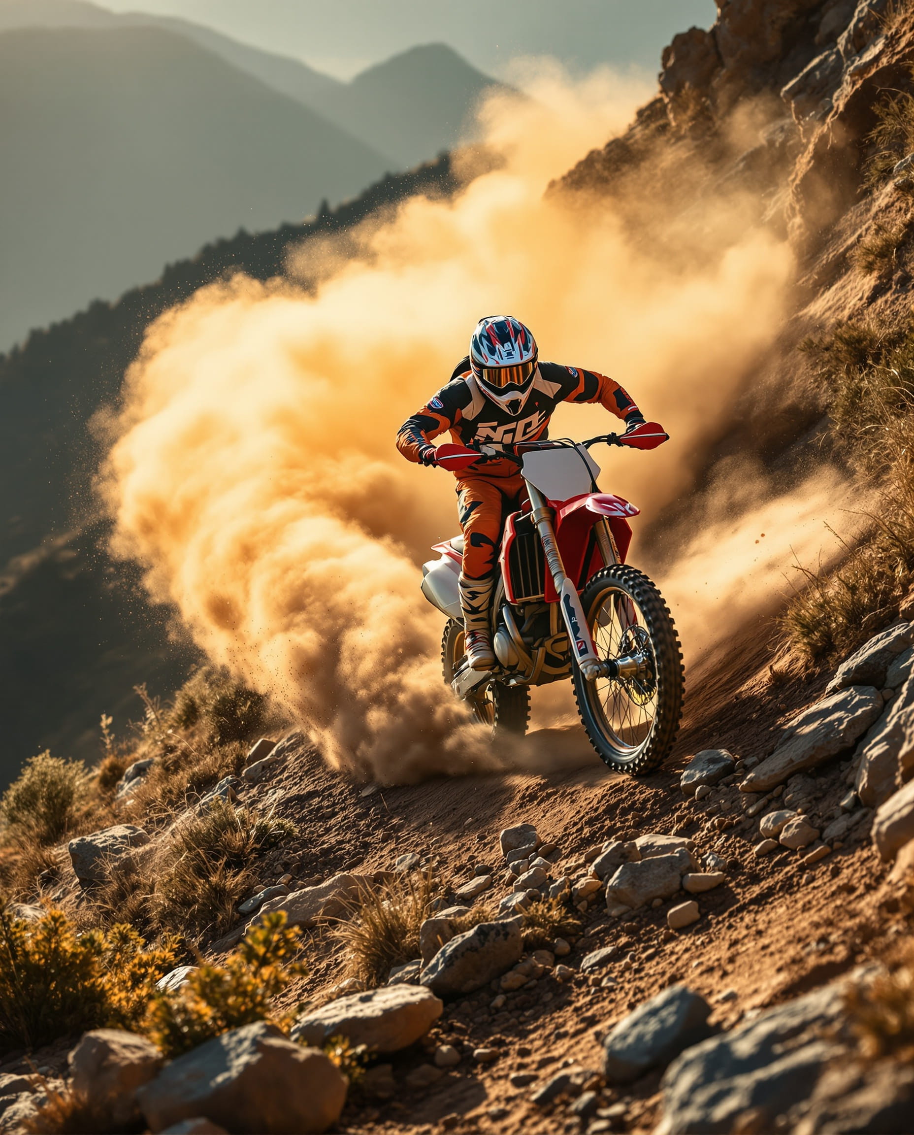 Enduro motorcycle on rocky descent