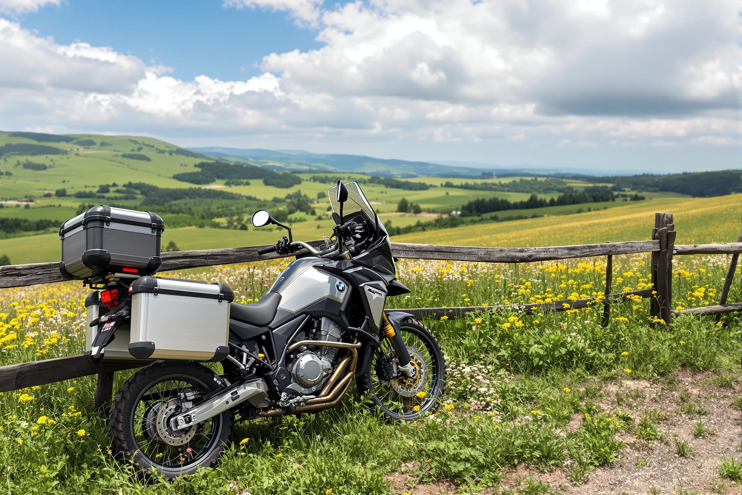 Adventure motorcycle in wildflower meadow