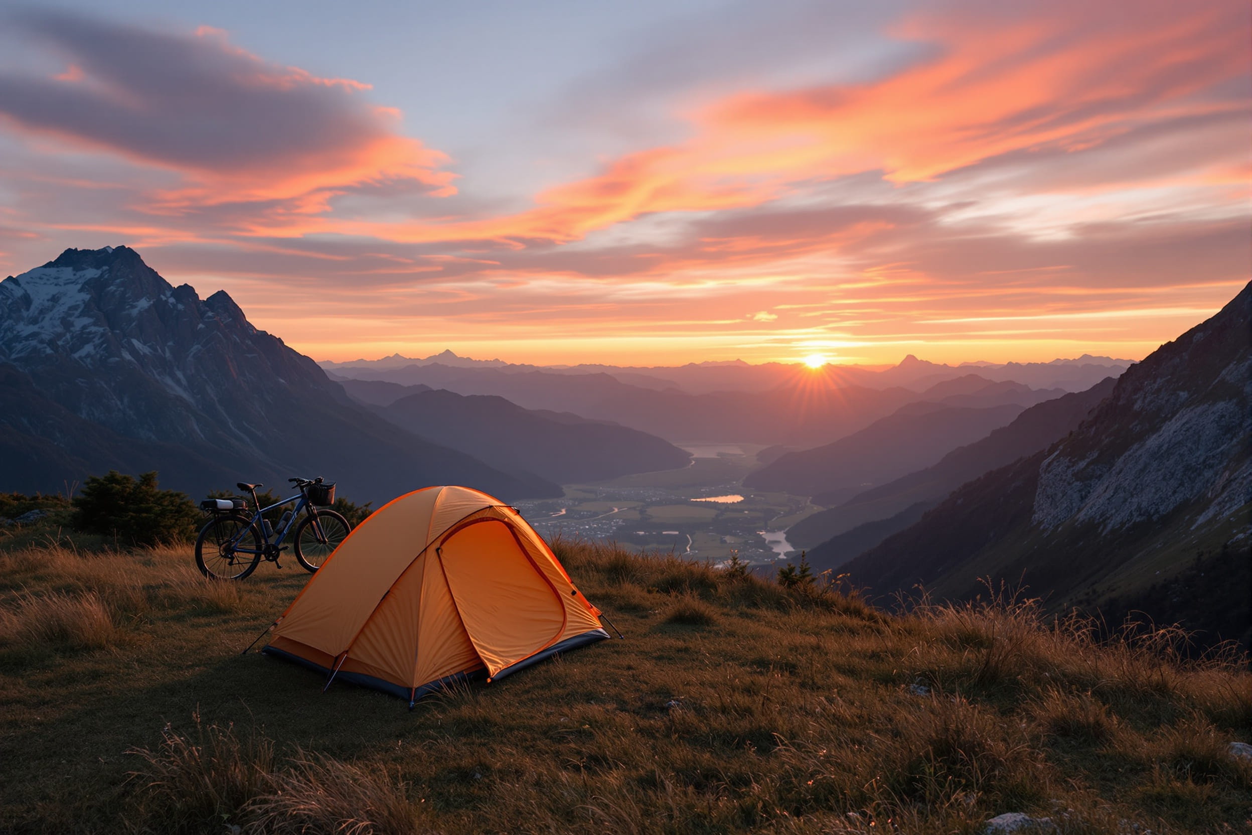 Camp on hilltop at sunrise with motorcycle