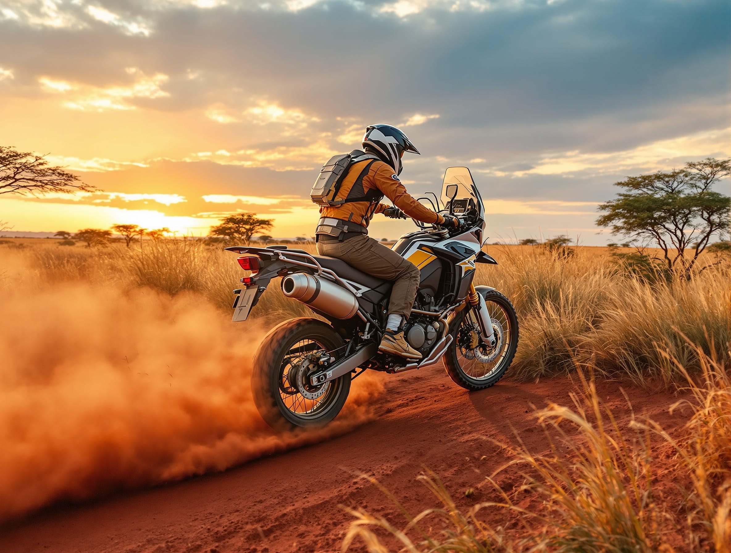 Motorcycle riding fast on dusty trail