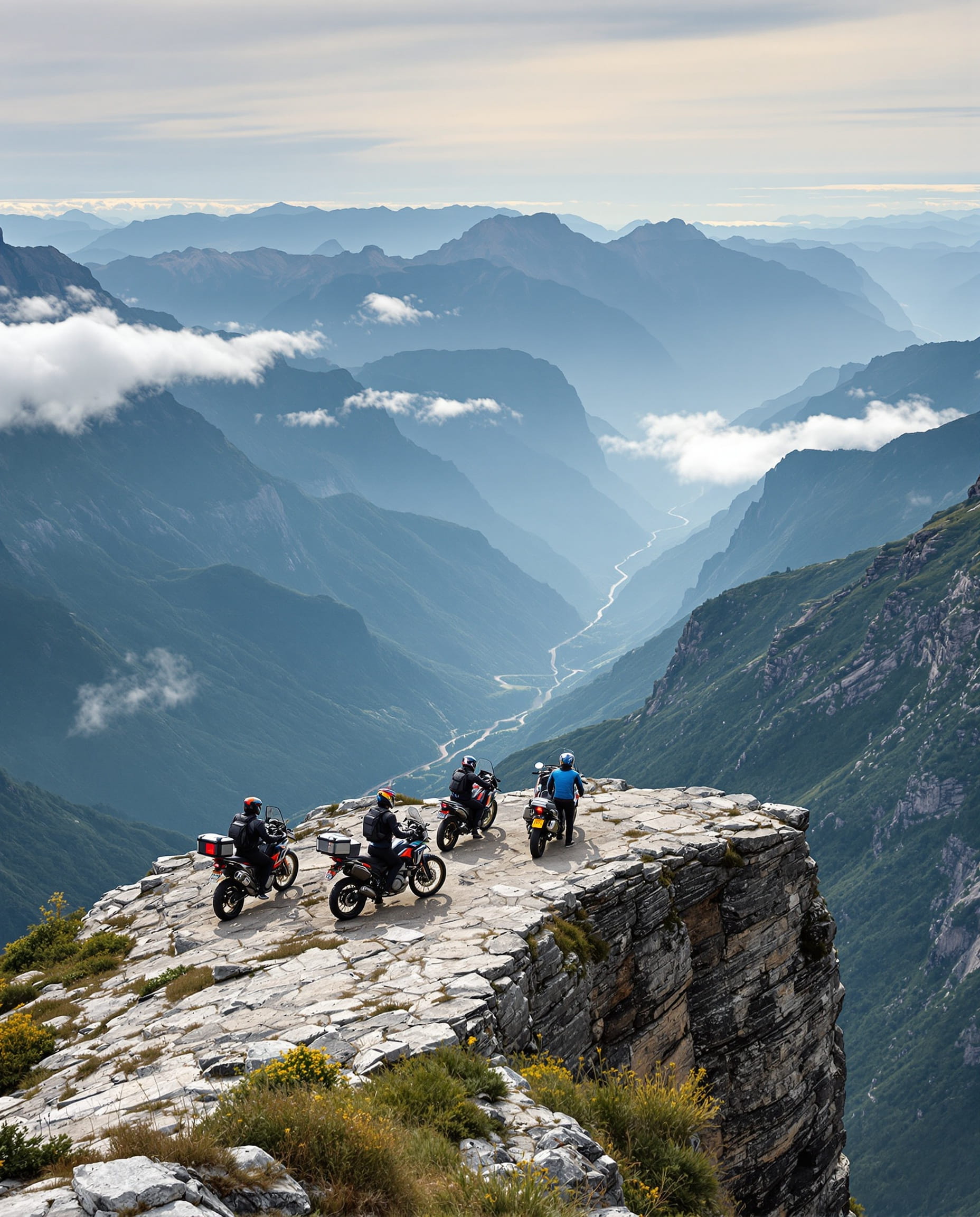 Motorcyclists on mountain ridge