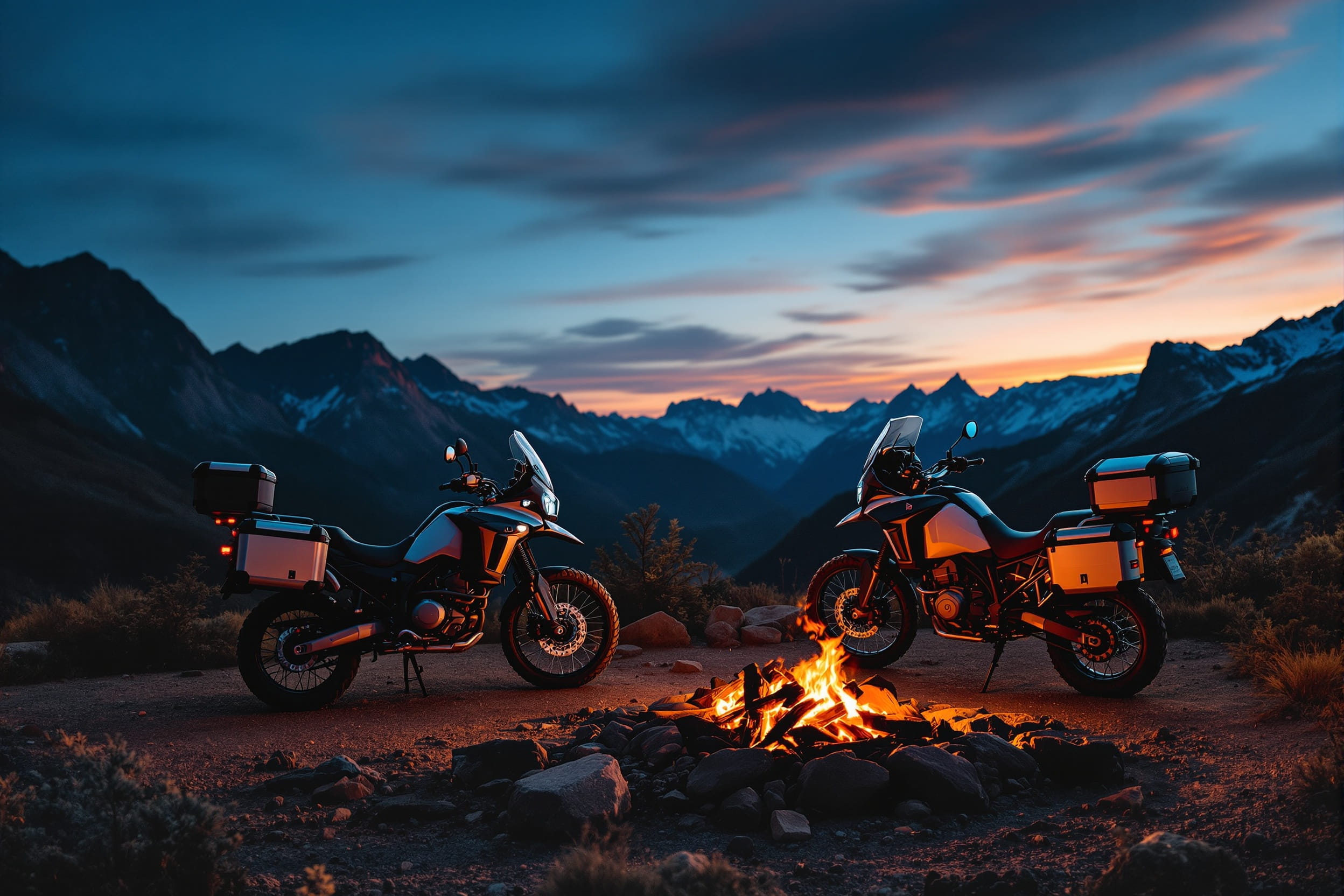 Campfire at dusk with motorcycles